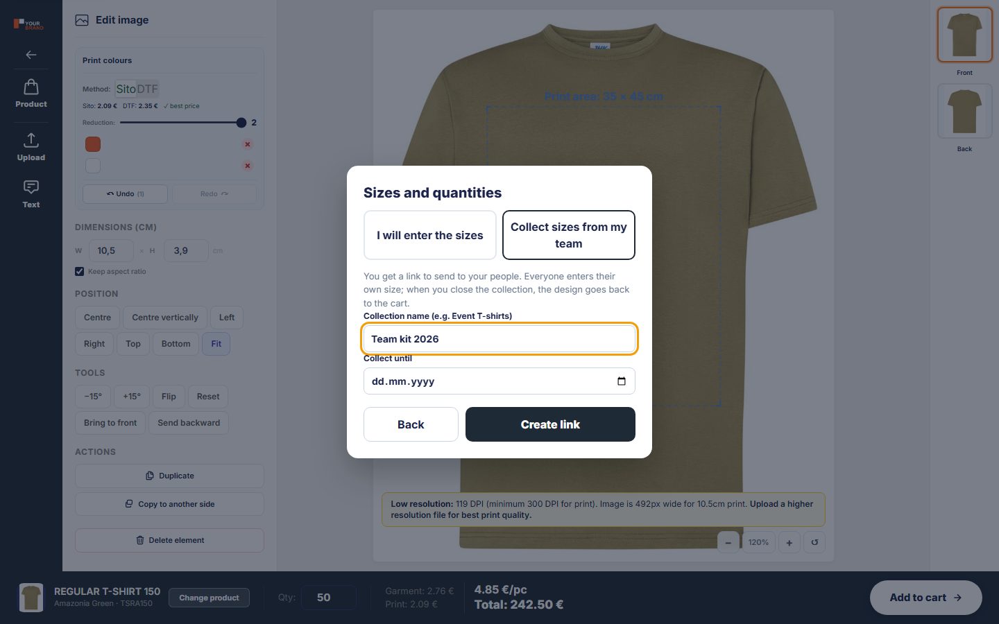 Sizes: entered or collected from the team